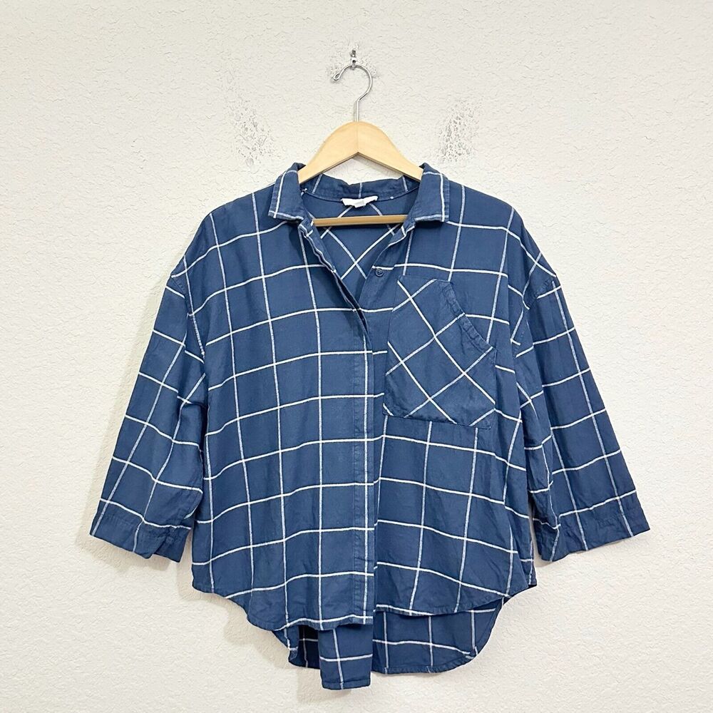 LUNYA Button Up Shirt Navy Blue Windowpane 3/4 Sleeve Cotton-Blend